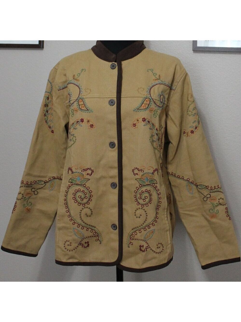 Denim & Co Womens Cotton Embroidered Canvas Feel Boho Jacket Size Large